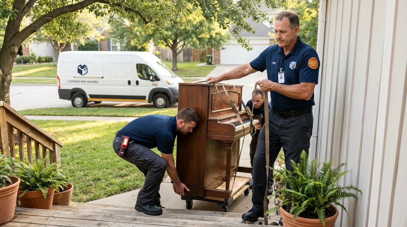 Licensed piano movers securing grand piano in Macomb, IL